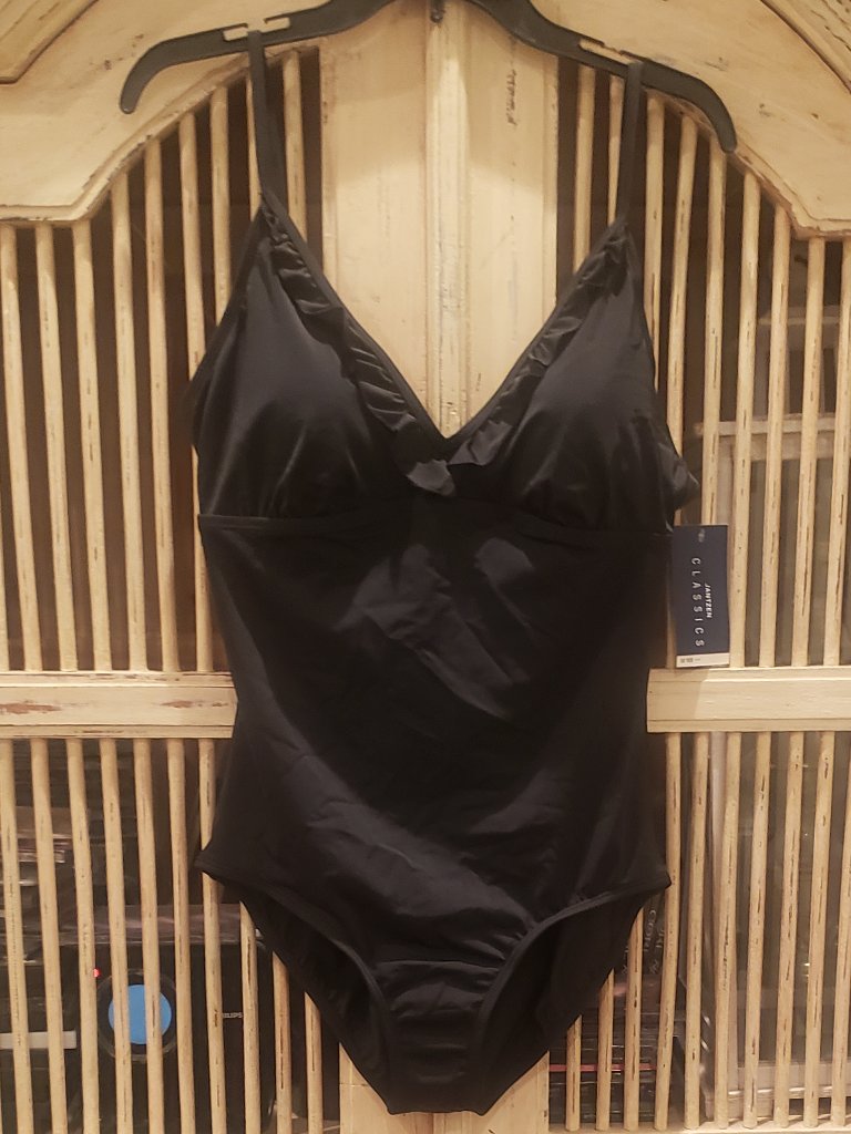 Jantzen Classic Black One Piece Swimsuit With Ruffled V Neck And Built In Cups